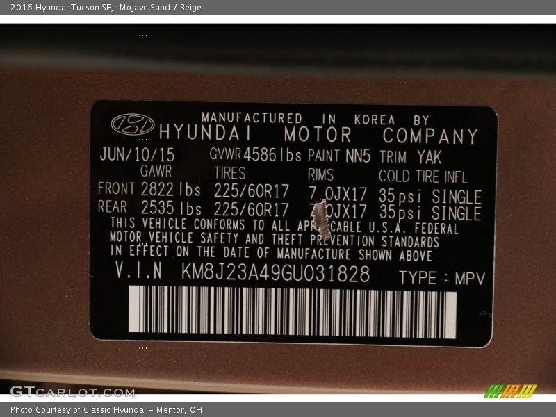 Mojave Sand / Beige 2016 Hyundai Tucson SE