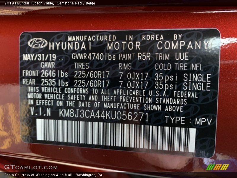 Gemstone Red / Beige 2019 Hyundai Tucson Value