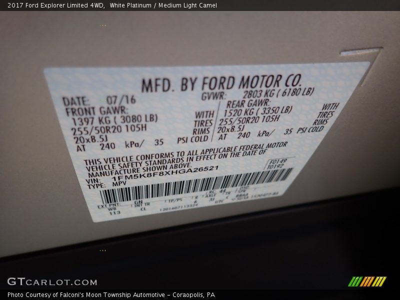 White Platinum / Medium Light Camel 2017 Ford Explorer Limited 4WD