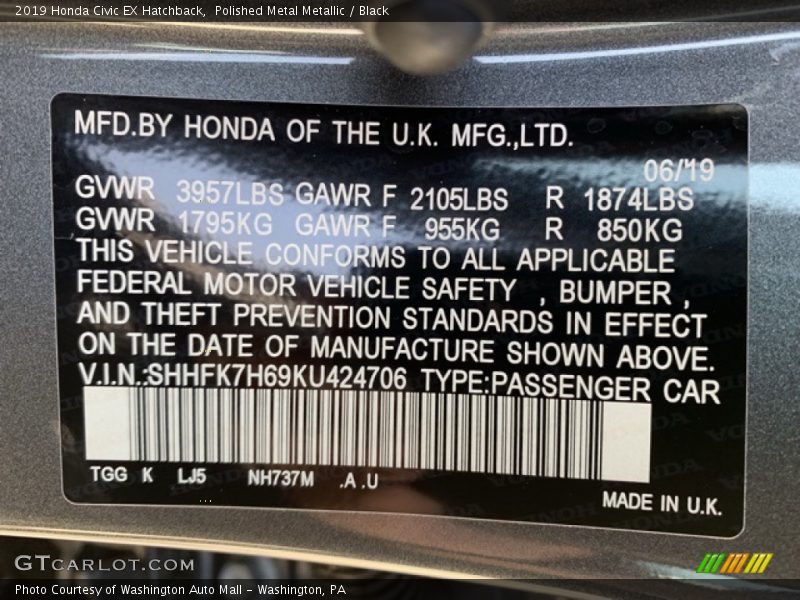 Polished Metal Metallic / Black 2019 Honda Civic EX Hatchback