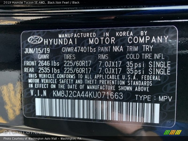 Black Noir Pearl / Black 2019 Hyundai Tucson SE AWD
