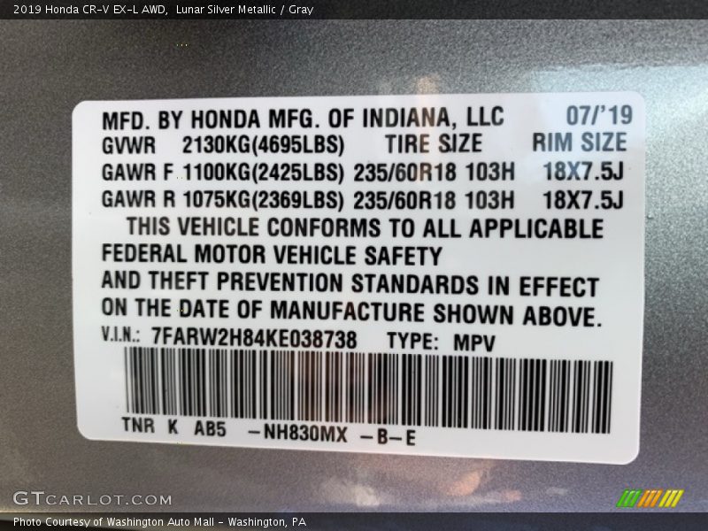 Lunar Silver Metallic / Gray 2019 Honda CR-V EX-L AWD