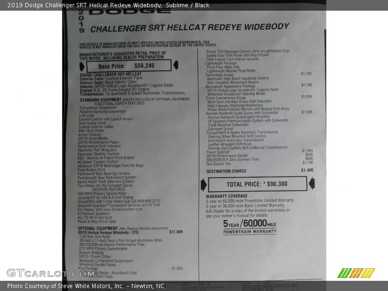  2019 Challenger SRT Hellcat Redeye Widebody Window Sticker