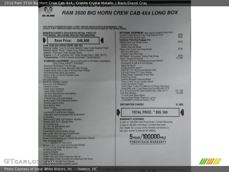 Granite Crystal Metallic / Black/Diesel Gray 2019 Ram 3500 Big Horn Crew Cab 4x4