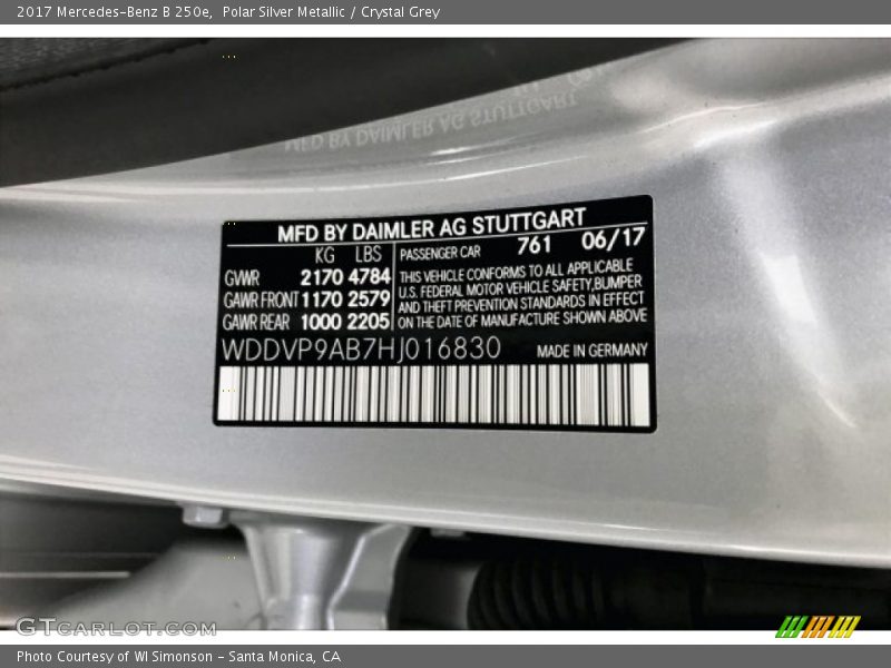 2017 B 250e Polar Silver Metallic Color Code 761