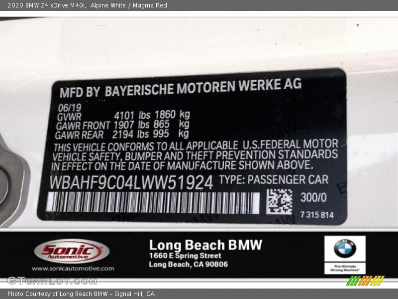 Alpine White / Magma Red 2020 BMW Z4 sDrive M40i