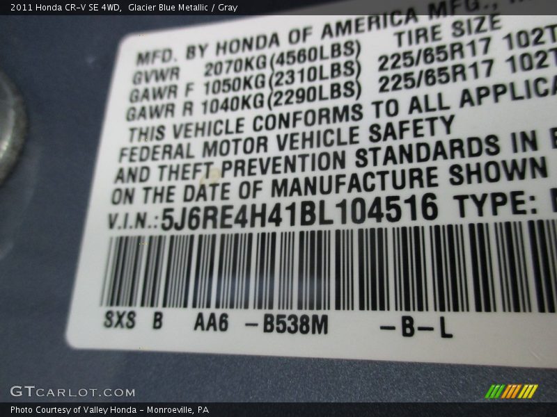 Glacier Blue Metallic / Gray 2011 Honda CR-V SE 4WD