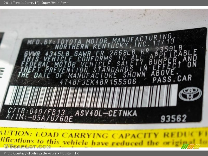Super White / Ash 2011 Toyota Camry LE
