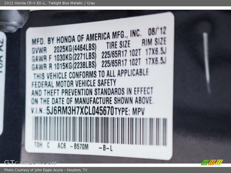 Twilight Blue Metallic / Gray 2012 Honda CR-V EX-L