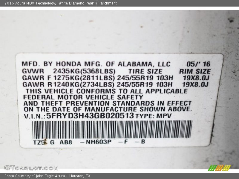 White Diamond Pearl / Parchment 2016 Acura MDX Technology