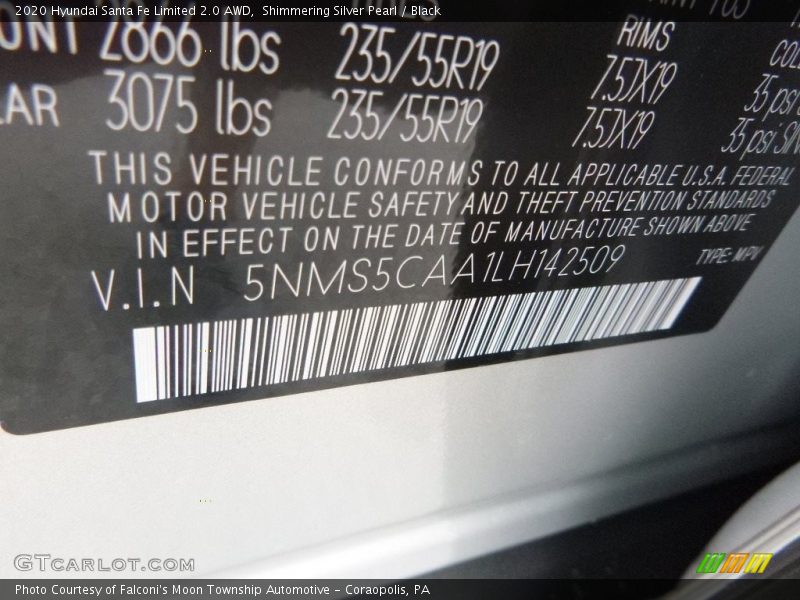 Shimmering Silver Pearl / Black 2020 Hyundai Santa Fe Limited 2.0 AWD