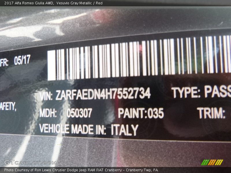 Vesuvio Gray Metallic / Red 2017 Alfa Romeo Giulia AWD