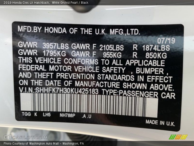 White Orchid Pearl / Black 2019 Honda Civic LX Hatchback
