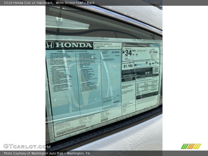 White Orchid Pearl / Black 2019 Honda Civic LX Hatchback