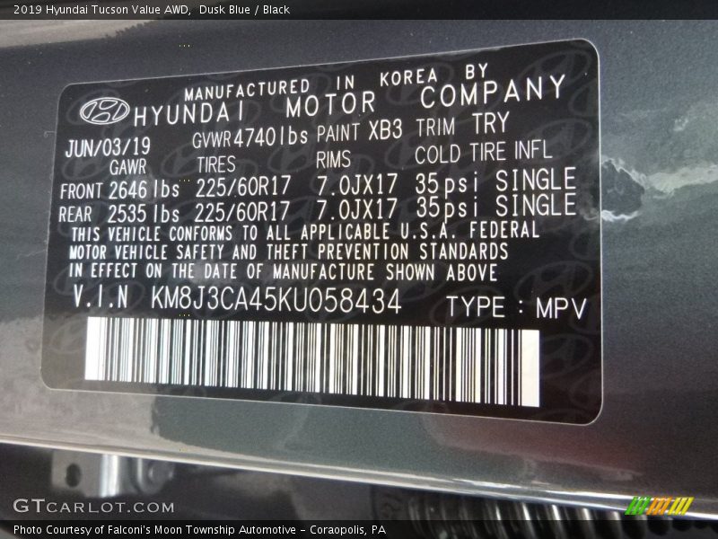 2019 Tucson Value AWD Dusk Blue Color Code XB3