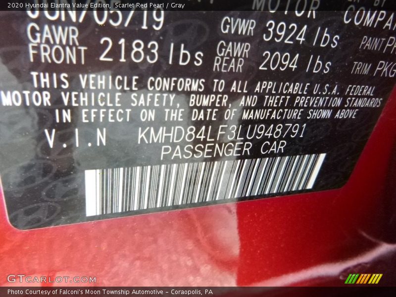 Scarlet Red Pearl / Gray 2020 Hyundai Elantra Value Edition