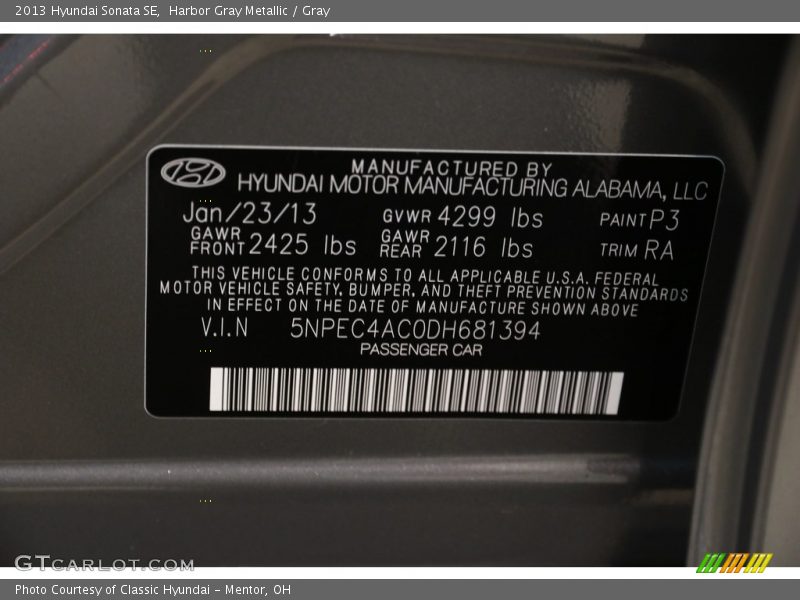 Harbor Gray Metallic / Gray 2013 Hyundai Sonata SE