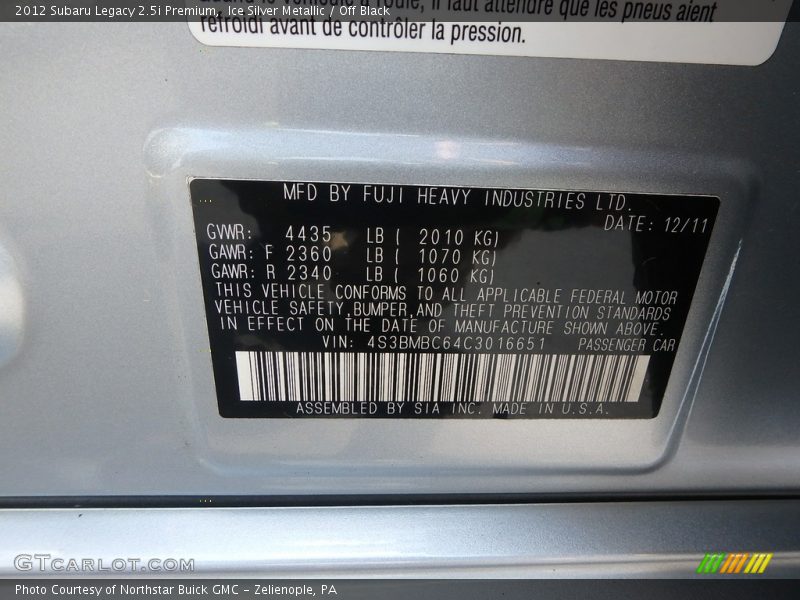 Ice Silver Metallic / Off Black 2012 Subaru Legacy 2.5i Premium