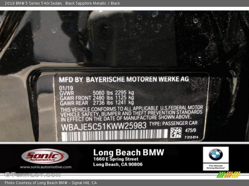 Black Sapphire Metallic / Black 2019 BMW 5 Series 540i Sedan