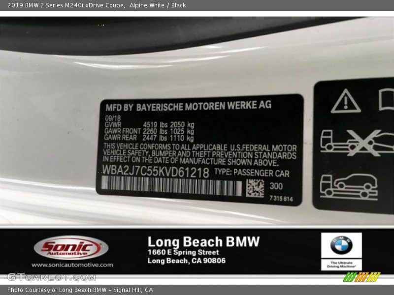 Alpine White / Black 2019 BMW 2 Series M240i xDrive Coupe