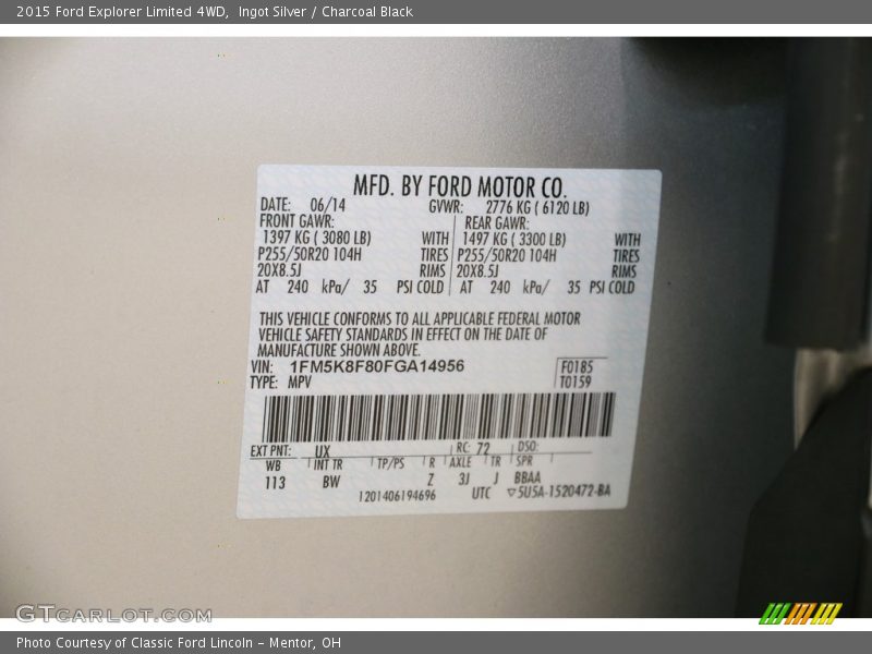 Ingot Silver / Charcoal Black 2015 Ford Explorer Limited 4WD