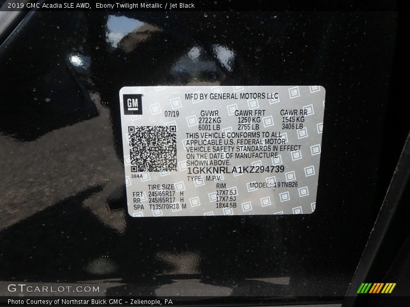 Ebony Twilight Metallic / Jet Black 2019 GMC Acadia SLE AWD
