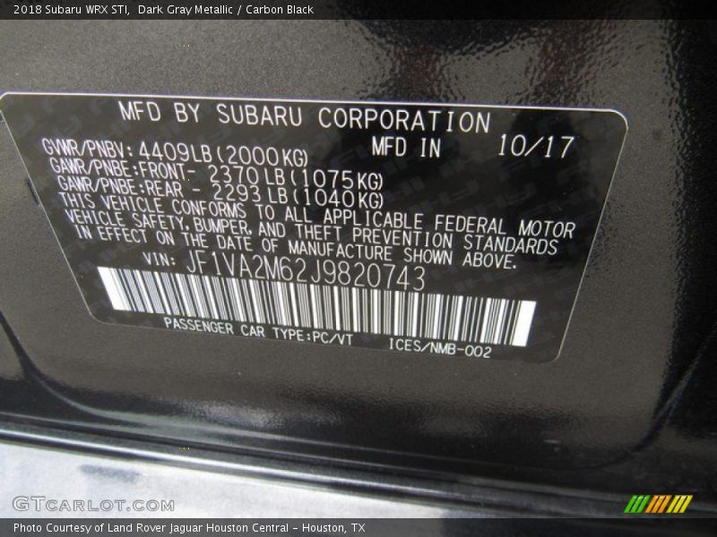 Dark Gray Metallic / Carbon Black 2018 Subaru WRX STI