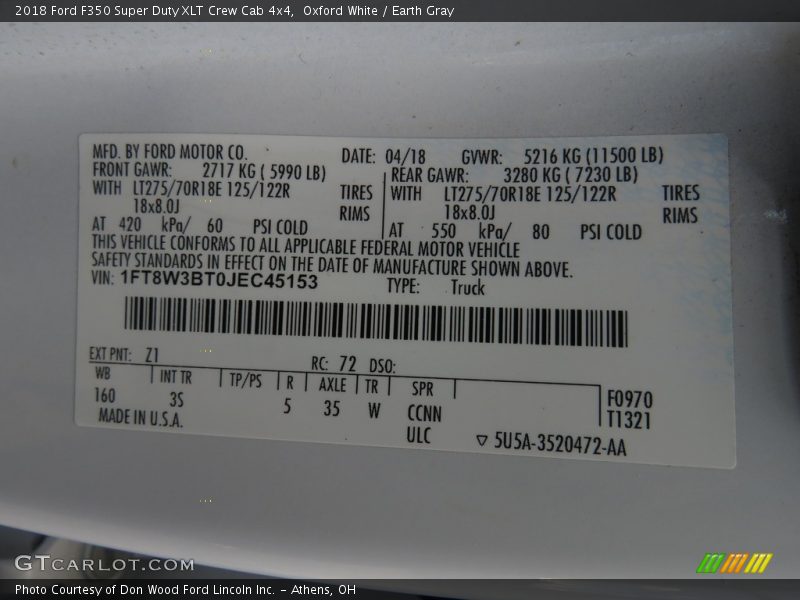 Oxford White / Earth Gray 2018 Ford F350 Super Duty XLT Crew Cab 4x4