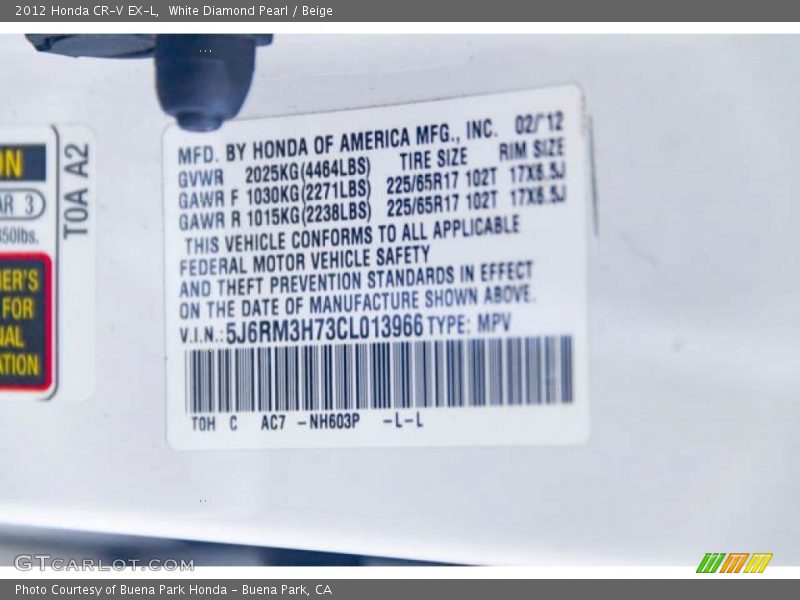 White Diamond Pearl / Beige 2012 Honda CR-V EX-L