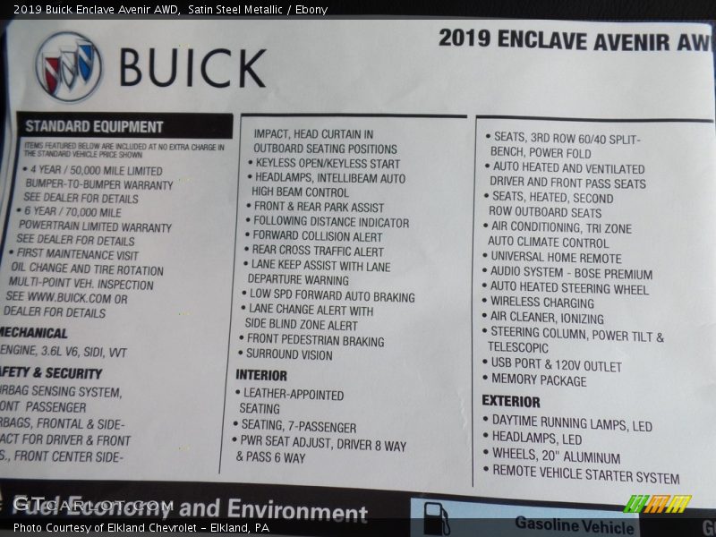  2019 Enclave Avenir AWD Window Sticker