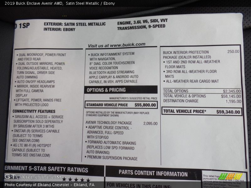  2019 Enclave Avenir AWD Window Sticker