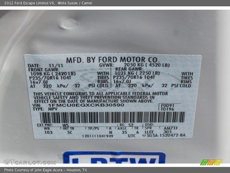White Suede / Camel 2012 Ford Escape Limited V6