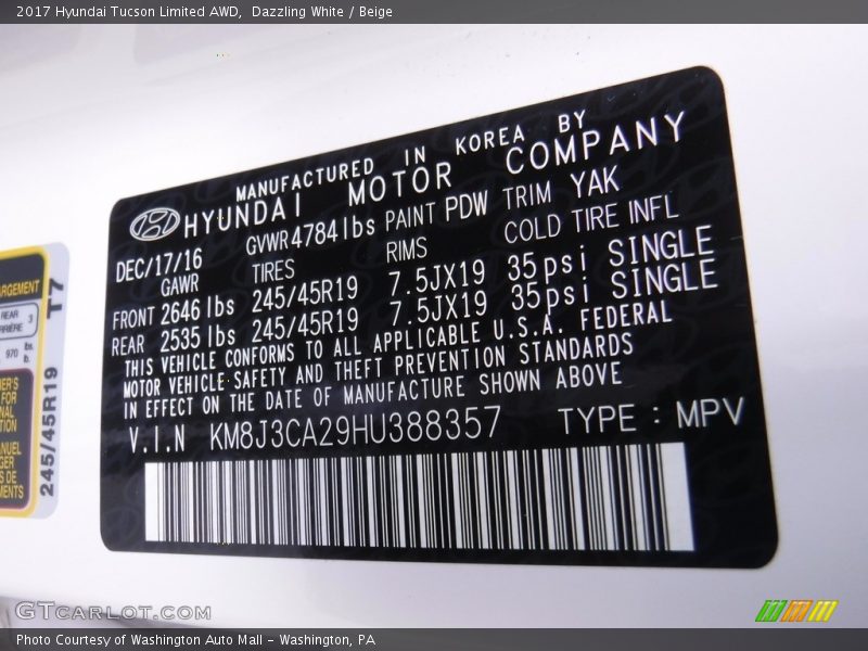 Dazzling White / Beige 2017 Hyundai Tucson Limited AWD