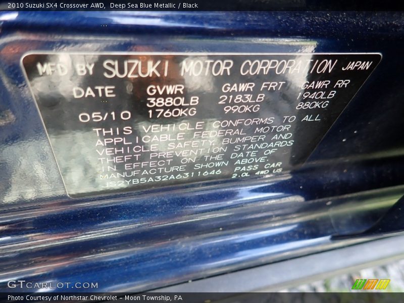 Deep Sea Blue Metallic / Black 2010 Suzuki SX4 Crossover AWD