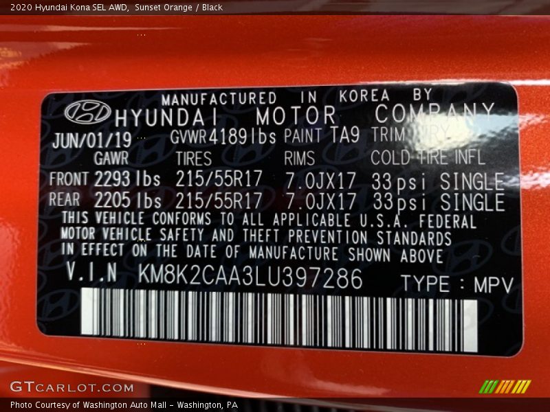 2020 Kona SEL AWD Sunset Orange Color Code TA9