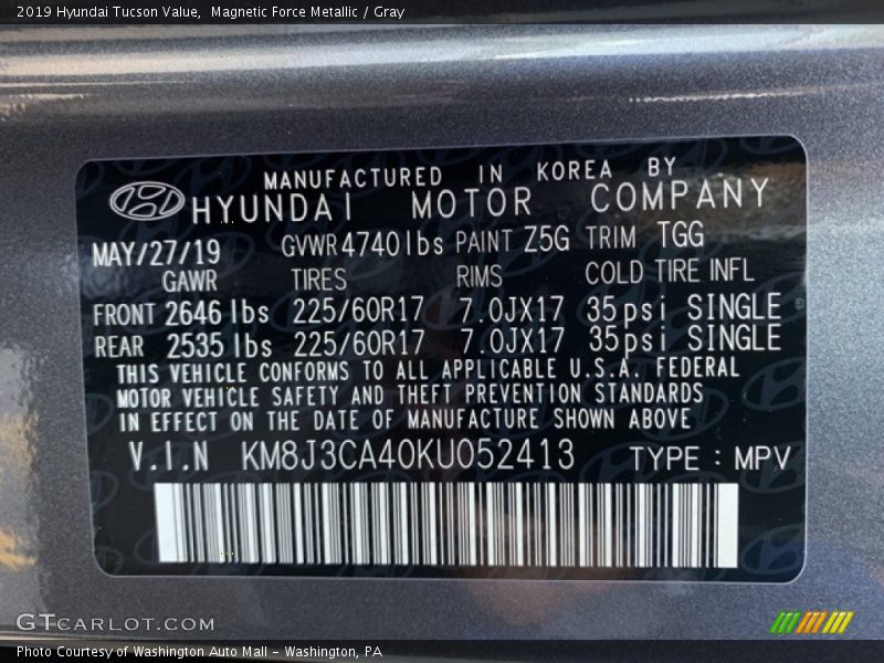 Magnetic Force Metallic / Gray 2019 Hyundai Tucson Value