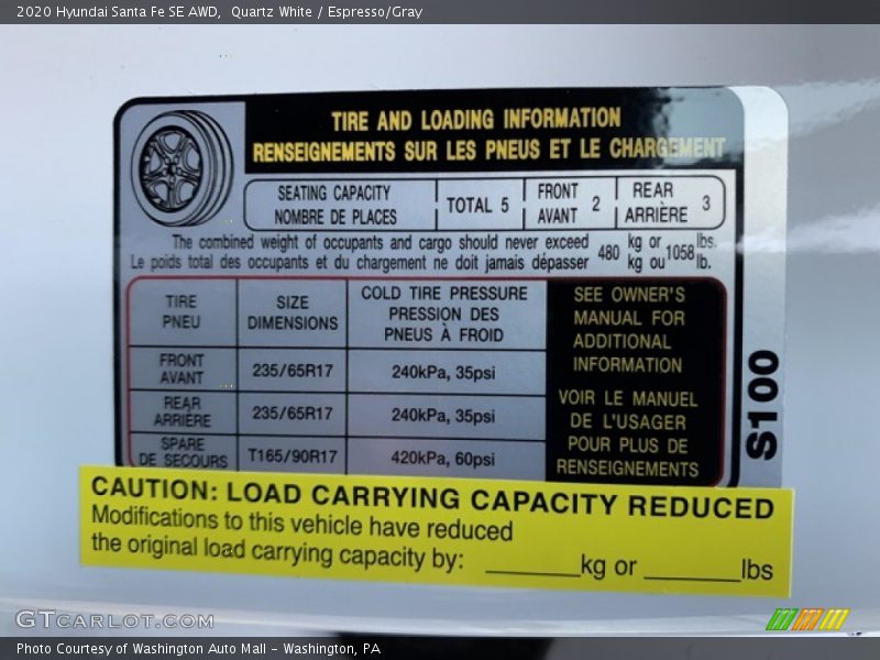 Info Tag of 2020 Santa Fe SE AWD