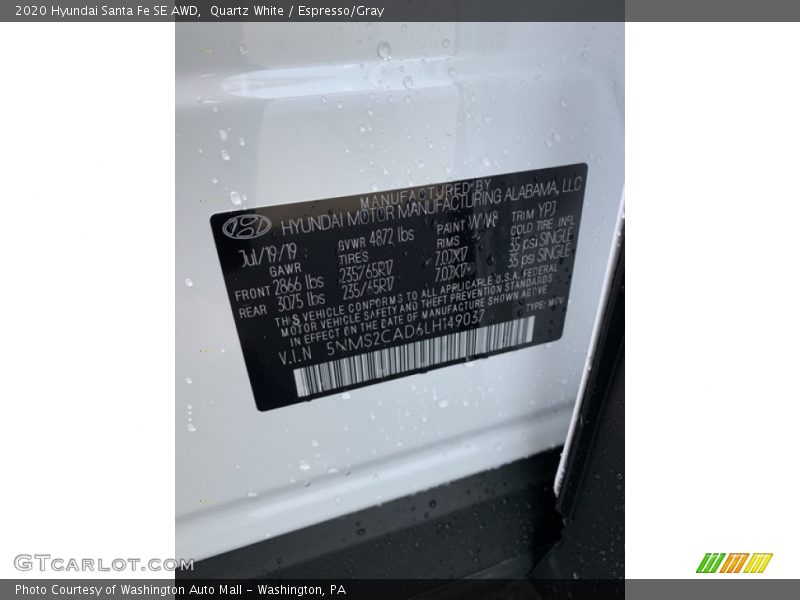 Quartz White / Espresso/Gray 2020 Hyundai Santa Fe SE AWD