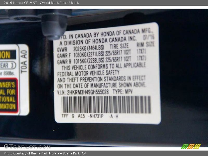 Crystal Black Pearl / Black 2016 Honda CR-V SE