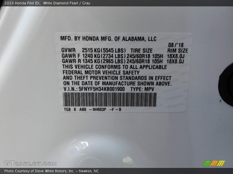 White Diamond Pearl / Gray 2019 Honda Pilot EX