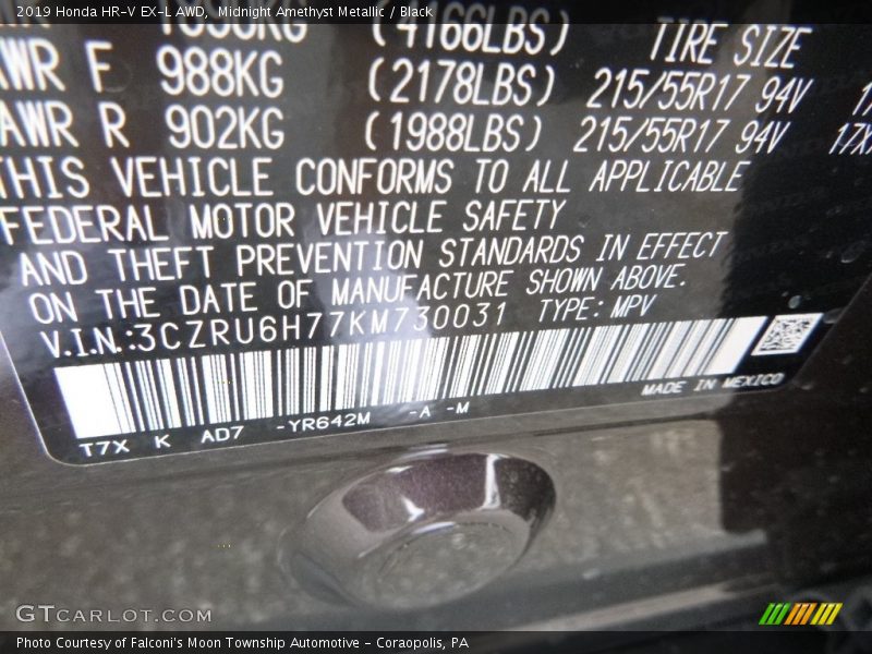 2019 HR-V EX-L AWD Midnight Amethyst Metallic Color Code YR642M