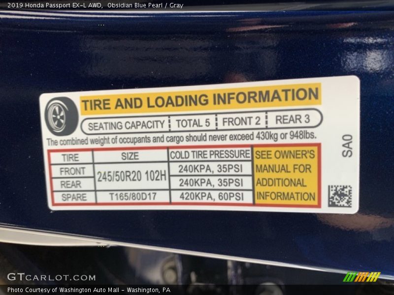 Obsidian Blue Pearl / Gray 2019 Honda Passport EX-L AWD