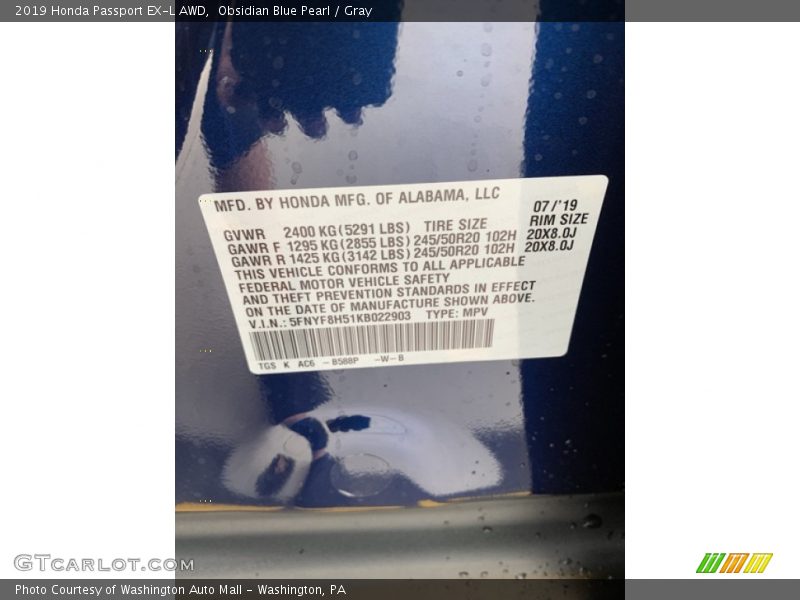Obsidian Blue Pearl / Gray 2019 Honda Passport EX-L AWD