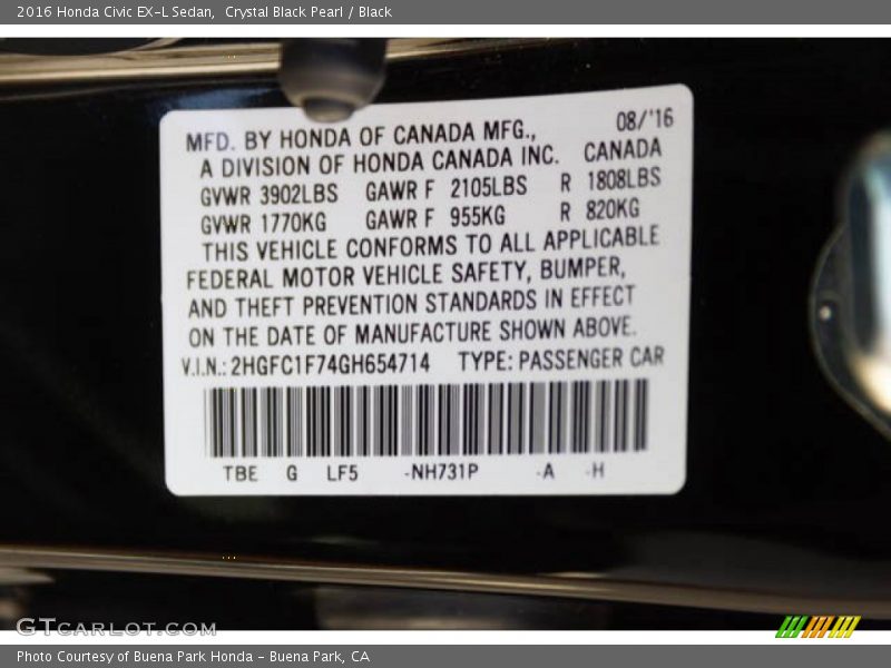 Crystal Black Pearl / Black 2016 Honda Civic EX-L Sedan