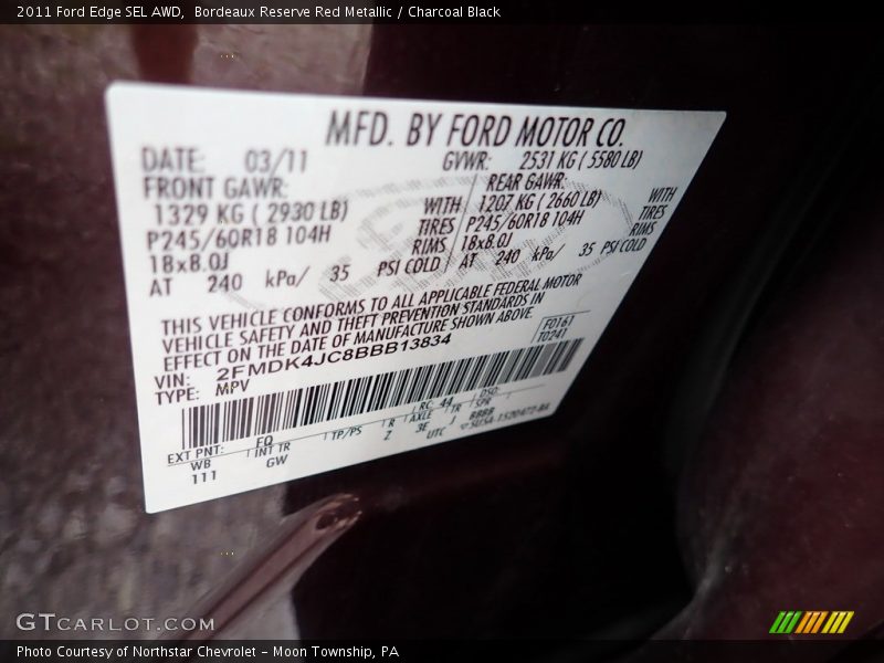 Bordeaux Reserve Red Metallic / Charcoal Black 2011 Ford Edge SEL AWD
