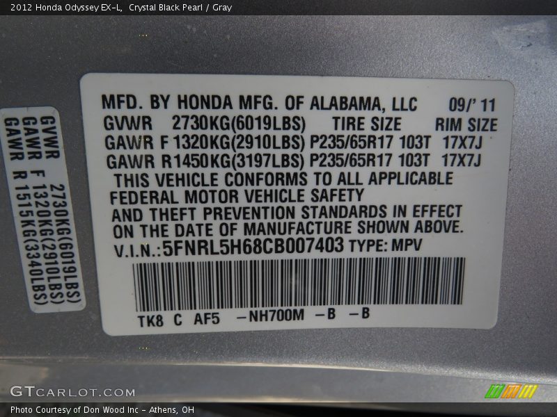 Crystal Black Pearl / Gray 2012 Honda Odyssey EX-L