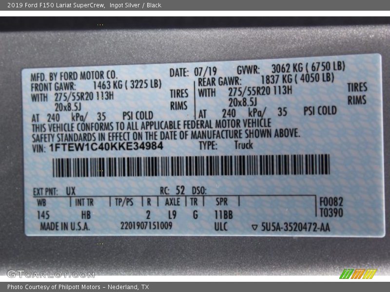 2019 F150 Lariat SuperCrew Ingot Silver Color Code UX