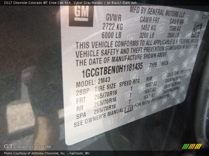Cyber Gray Metallic / Jet Black/­Dark Ash 2017 Chevrolet Colorado WT Crew Cab 4x4