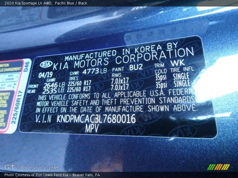 2020 Sportage LX AWD Pacific Blue Color Code BU2