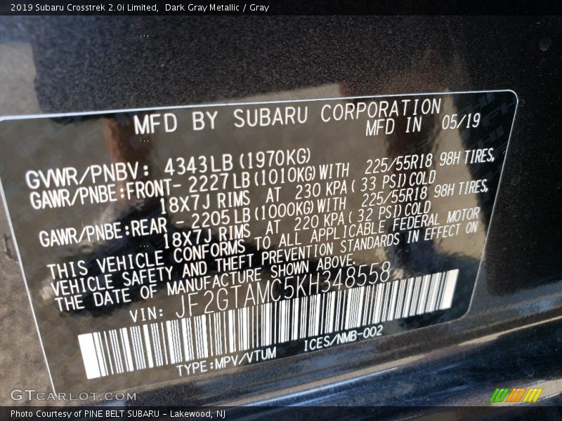 Dark Gray Metallic / Gray 2019 Subaru Crosstrek 2.0i Limited